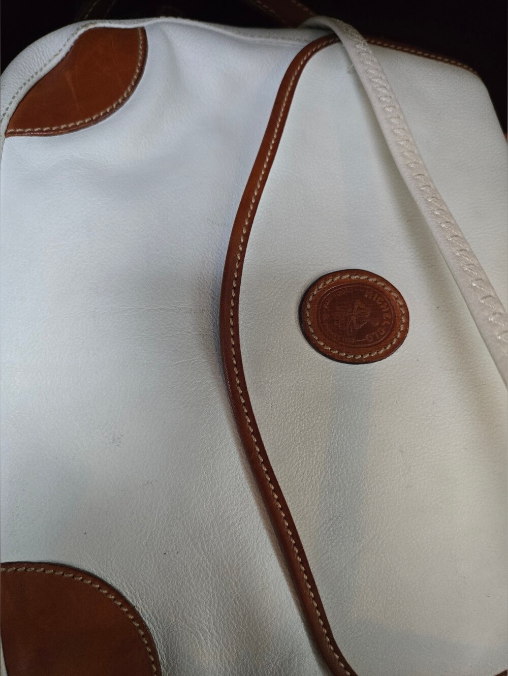 Vintage Michel.Clo White & Brown Two-Tone Leather Crossbody Bag with Logo Patch